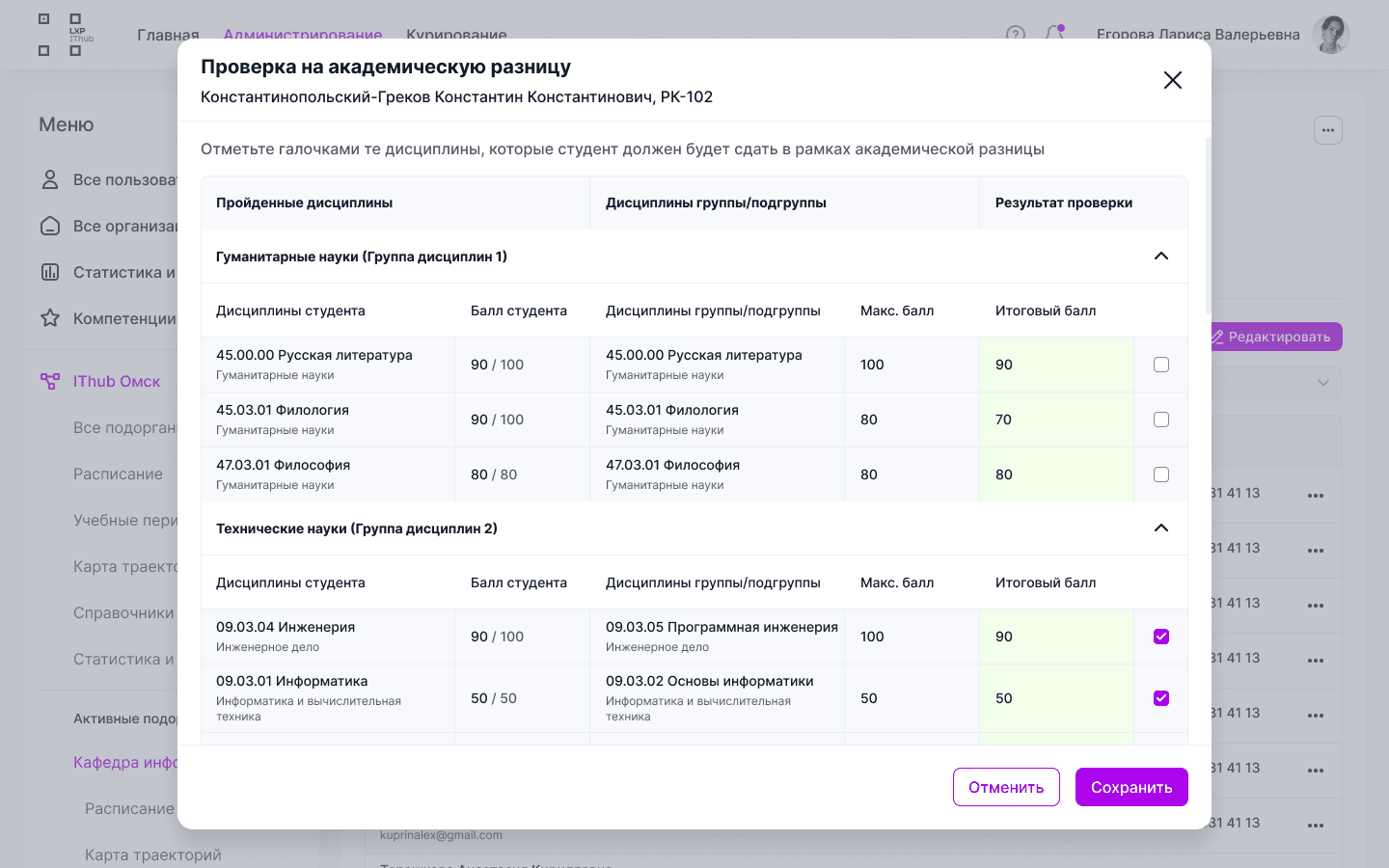 Дисциплины студента и группы